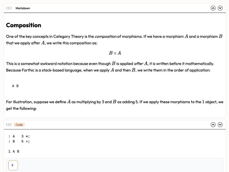 Forthic Notebook showing Category Theory composition example